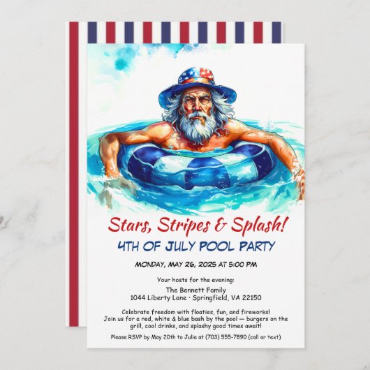 4 Juli Pool Party Uitnodiging - Patriottisch (Voorkant / Achterkant)