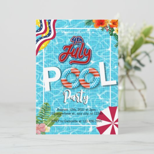 4 juli Pool Party uitnodigingen (Staand voorkant)