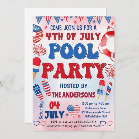 4 juli Pool Party Zomer Uitnodiging (Voorkant / Achterkant)