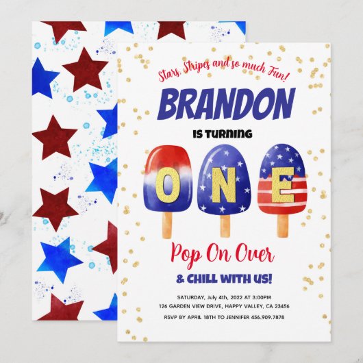 4 juli Popsicles Baby Boy 1e Verjaardagsfeest Kaart (Voorkant / Achterkant)