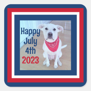 4 juli Red White Blue Striped Foto van Cute Dog Vierkante Sticker