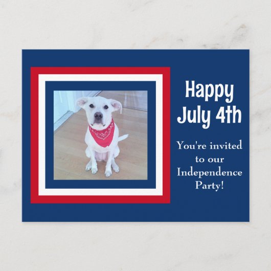 4 juli Red White Blue Striped Photo Invitation Dog Briefkaart (Voorkant)