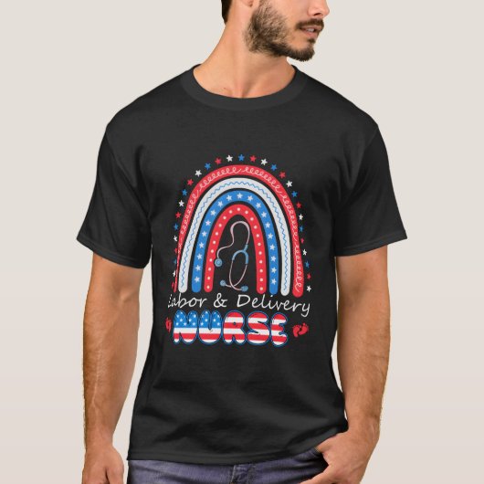 4 juli Regenboog Stethoscoop Patriottische Arbeid  T-shirt (Voorkant)