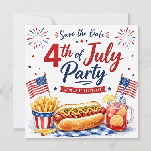 4 juli reserveer de datum  Onafhankelijkheidsdagfe Save The Date (Voorkant)