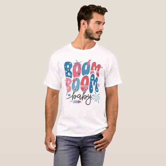 4 JULI RETRO BOOM BOOM BABY VUURWERK T-SHIRT (Voorkant volledig)