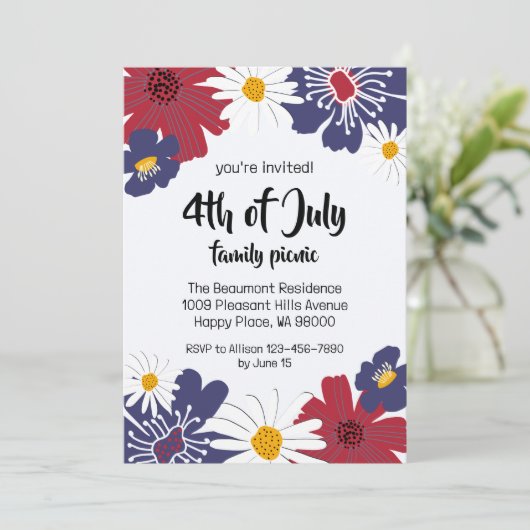 4 juli Retro Floral Party Uitnodiging (Staand voorkant)