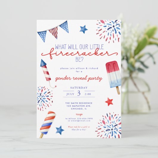 4 juli rood wit blauw Geslacht onthullen vuurwerk Kaart (Staand voorkant)