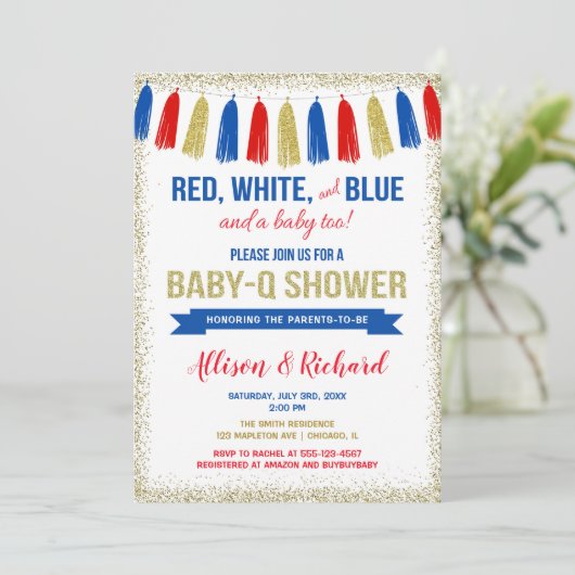 4 juli rood wit blauw goud glitter baby shower kaart (Staand voorkant)