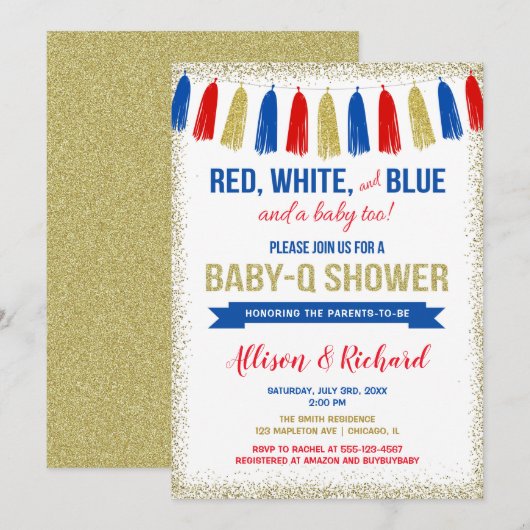 4 juli rood wit blauw goud glitter baby shower kaart (Voorkant / Achterkant)