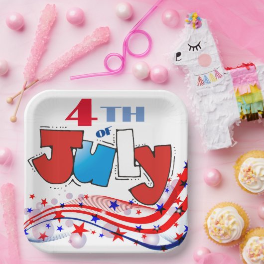 4 juli Rood Wit & Blauw Swirls Papieren Bordje (Feest)