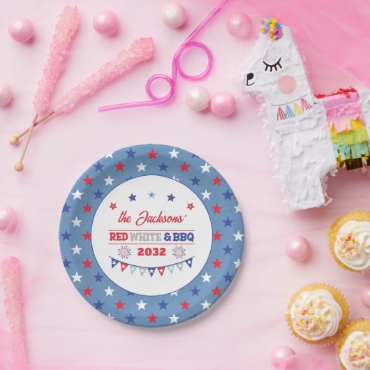 4 juli Rood wit en BBQ familienaam patriotic Papieren Bordje (Feest)