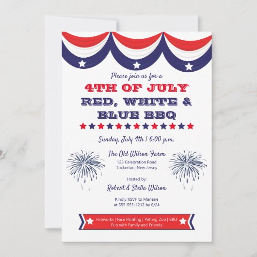 4 juli Rood Wit en Blauw BBQ Uitnodiging (Voorkant)