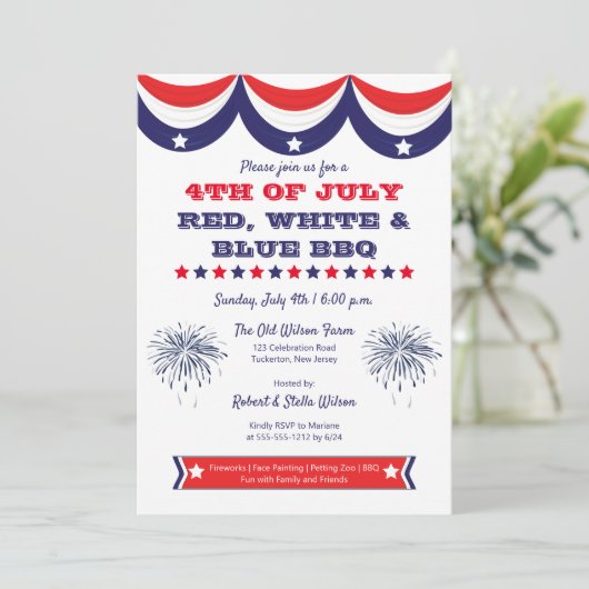 4 juli Rood Wit en Blauw BBQ Uitnodiging (Staand voorkant)