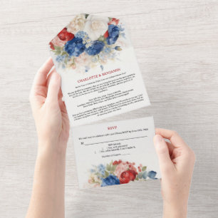 4 juli rood wit en blauw bloemige trouwdag all in one uitnodiging