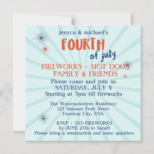4 juli Rood Wit en Blauw Vuurwerkfeest Magnetische Uitnodiging (Voorkant)