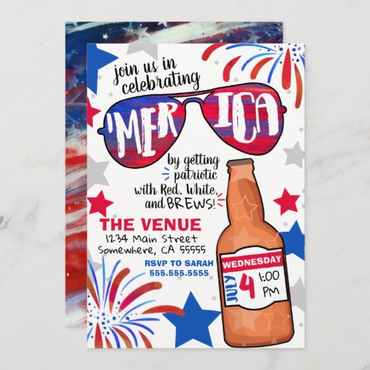 4 juli Rood, Wit en Brouw Uitnodiging (Voorkant / Achterkant)