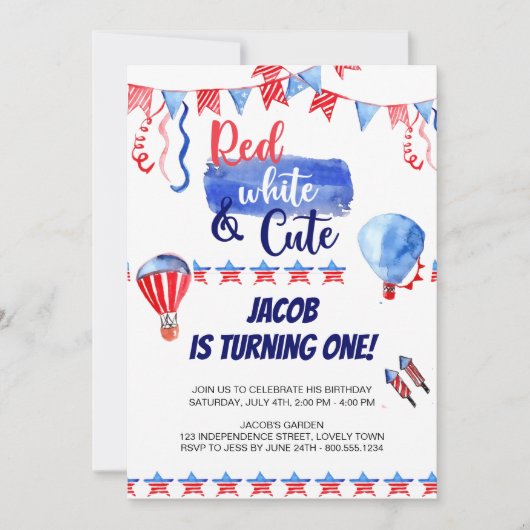 4 juli Rood Wit en Leuke Verjaardag Uitnodiging (Voorkant)