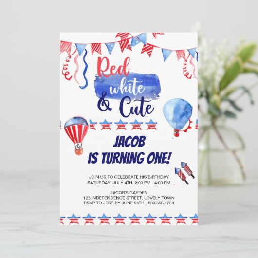 4 juli Rood Wit en Leuke Verjaardag Uitnodiging (Staand voorkant)