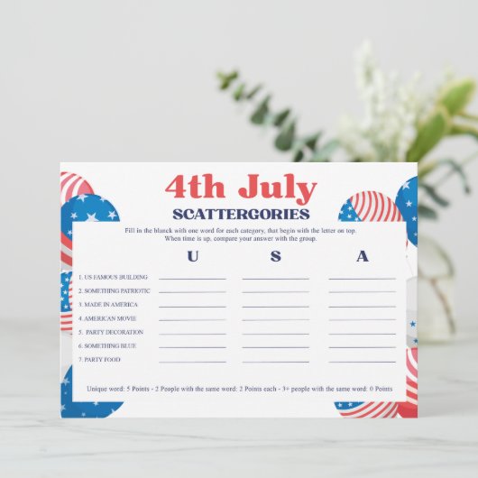 4 juli Scattergories Game Card Kaart (Staand voorkant)