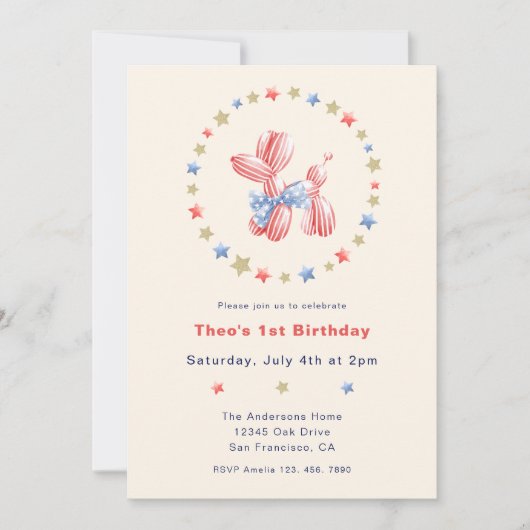 4 juli Schattige Balloon Boy 1e Verjaardagsfeest Kaart (Voorkant)