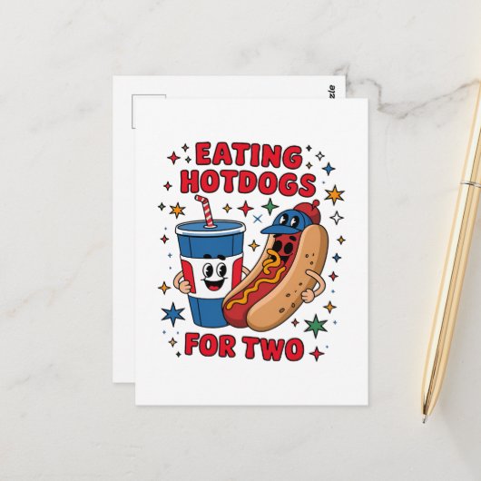 4 juli Schattige Hotdogs Briefkaart (Voorkant / Achterkant in situ)