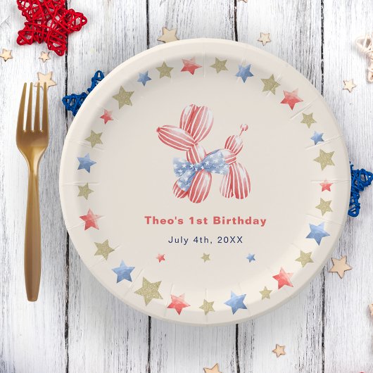 4 juli Schattigee Balloon Star 1e Verjaardagsfeest Papieren Bordje