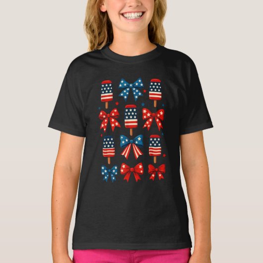 4 juli Schattigee Popsicle Coquette Bow Patriotic T-shirt (Voorkant)
