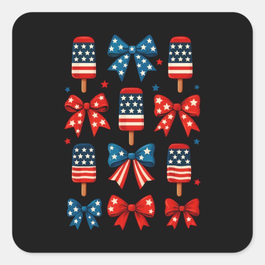 4 juli Schattigee Popsicle Coquette Bow Patriotic Vierkante Sticker (Voorkant)