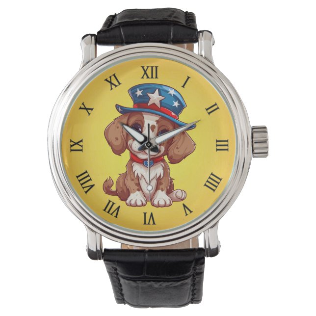 4 juli Schattigee puppy met Amerikaans Pet-71009 Horloge (Voorkant)