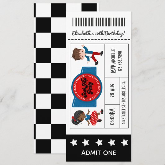 4 juli Sock Hop Party Ticket Kaart (Voorkant / Achterkant)