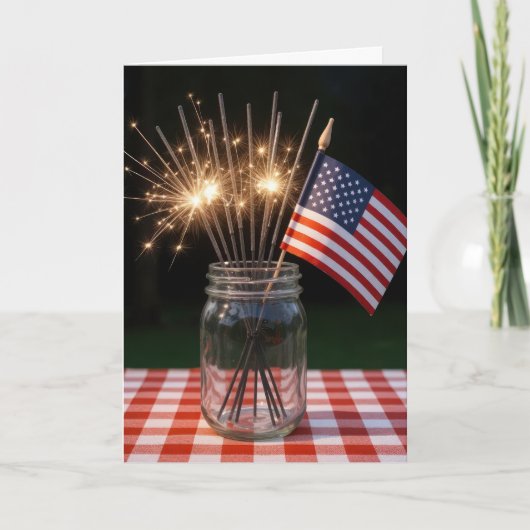 4 juli Sparklers en Vlag in een Mason Jar Kaart (Voorkant)