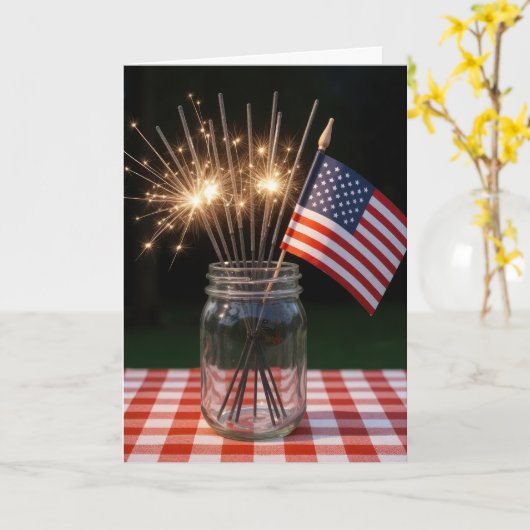 4 juli Sparklers en Vlag in een Mason Jar Kaart (Gele Bloem)