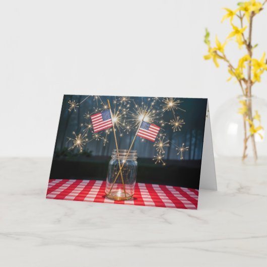 4 juli Sparklers en vlaggen in een pot Kaart (Gele Bloem)