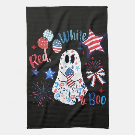 4 juli spook rood wit Boo patriottische Halloween Theedoek (Verticaal)
