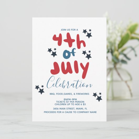 4 juli Stars BBQ Bubble Letter Invitation Kaart (Staand voorkant)