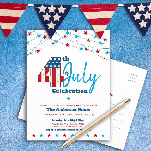 4 juli Stars Stripes Flag Red White Blue BBQ Uitnodiging Briefkaart