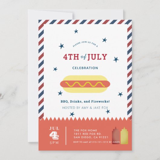4 juli Stars & Stripes Hot Dog BBQ Uitnodiging (Voorkant)