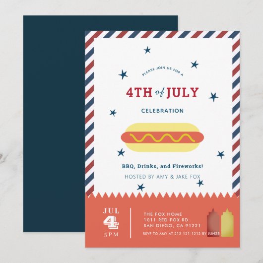 4 juli Stars & Stripes Hot Dog BBQ Uitnodiging (Voorkant / Achterkant)