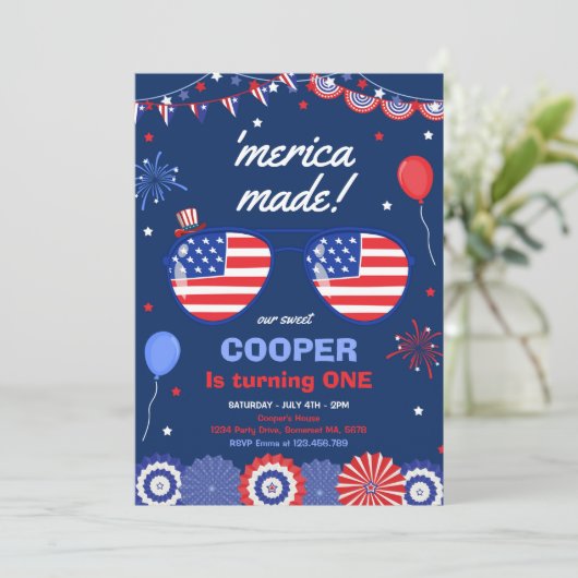 4 juli sterren en strepen 1e verjaardag kaart (Staand voorkant)