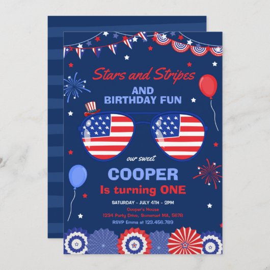 4 juli sterren en strips 1e verjaardag kaart (Voorkant / Achterkant)