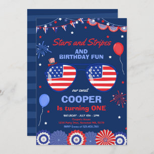 4 juli sterren en strips 1e verjaardag kaart