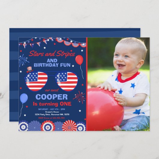 4 juli sterren en strips 1e verjaardag kaart (Voorkant / Achterkant)