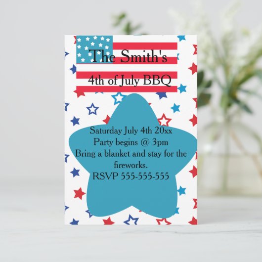 4 juli sterren en vlaggenuitnodiging kaart (Staand voorkant)