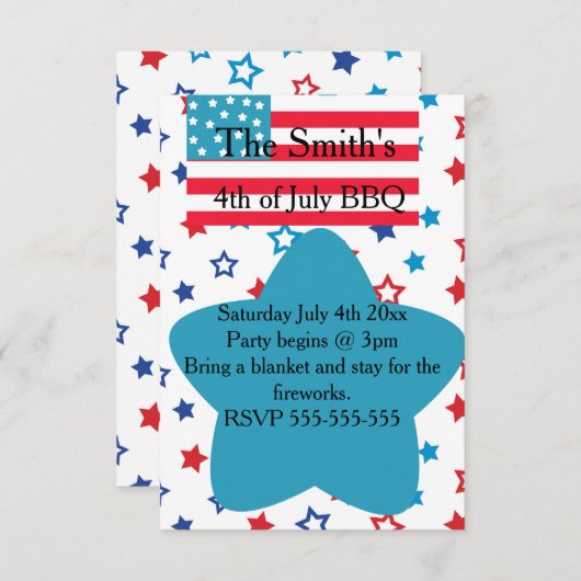 4 juli sterren en vlaggenuitnodiging kaart (Voorkant / Achterkant)