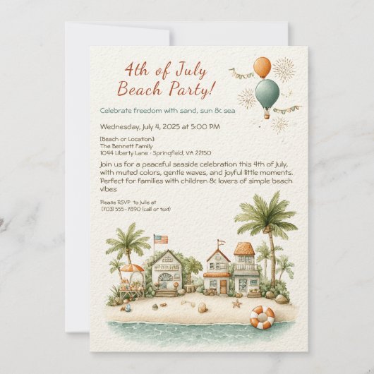 4 juli strandfeest uitnodiging – Zachte lijntekeni (Voorkant)