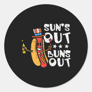4 juli Suns Out Buns Out Hotdog Patriottische Mann Ronde Sticker