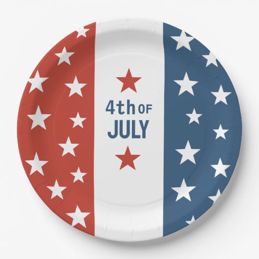 4 juli Tekst rood, wit en blauw met sterren Papieren Bordje (Voorkant)
