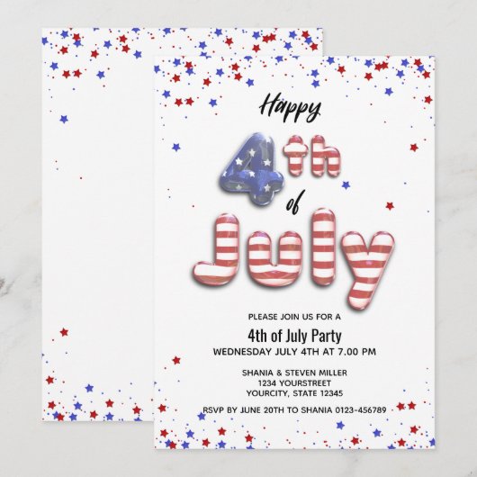 4 juli Uitnodiging Balonse Stars Stripes Party (Voorkant / Achterkant)