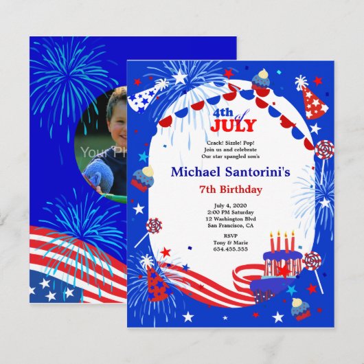 4 juli uitnodiging van de Birthday Party van Kind (Voorkant / Achterkant)