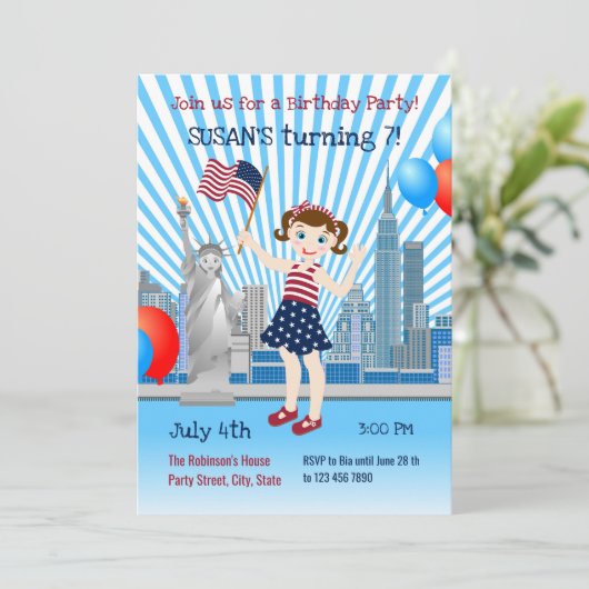 4 juli uitnodiging van de meisjespartij (Staand voorkant)